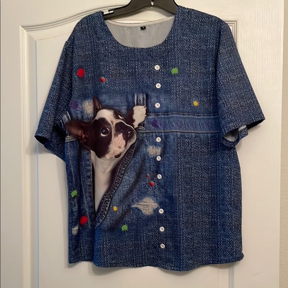 Playful Blue Denim Blouse with Dog Design